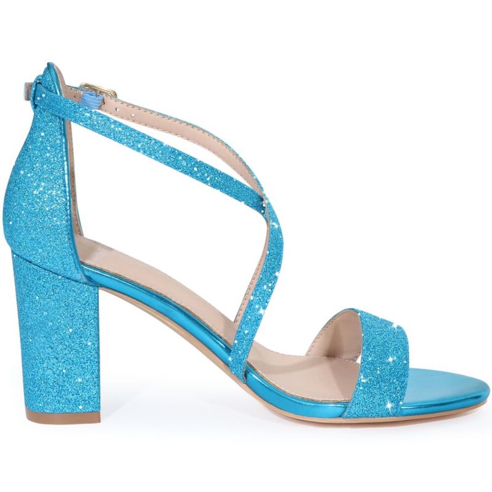 Glitter Crisscross Strap Block Heels Sandals Lake Blue - Picture 5 of 6